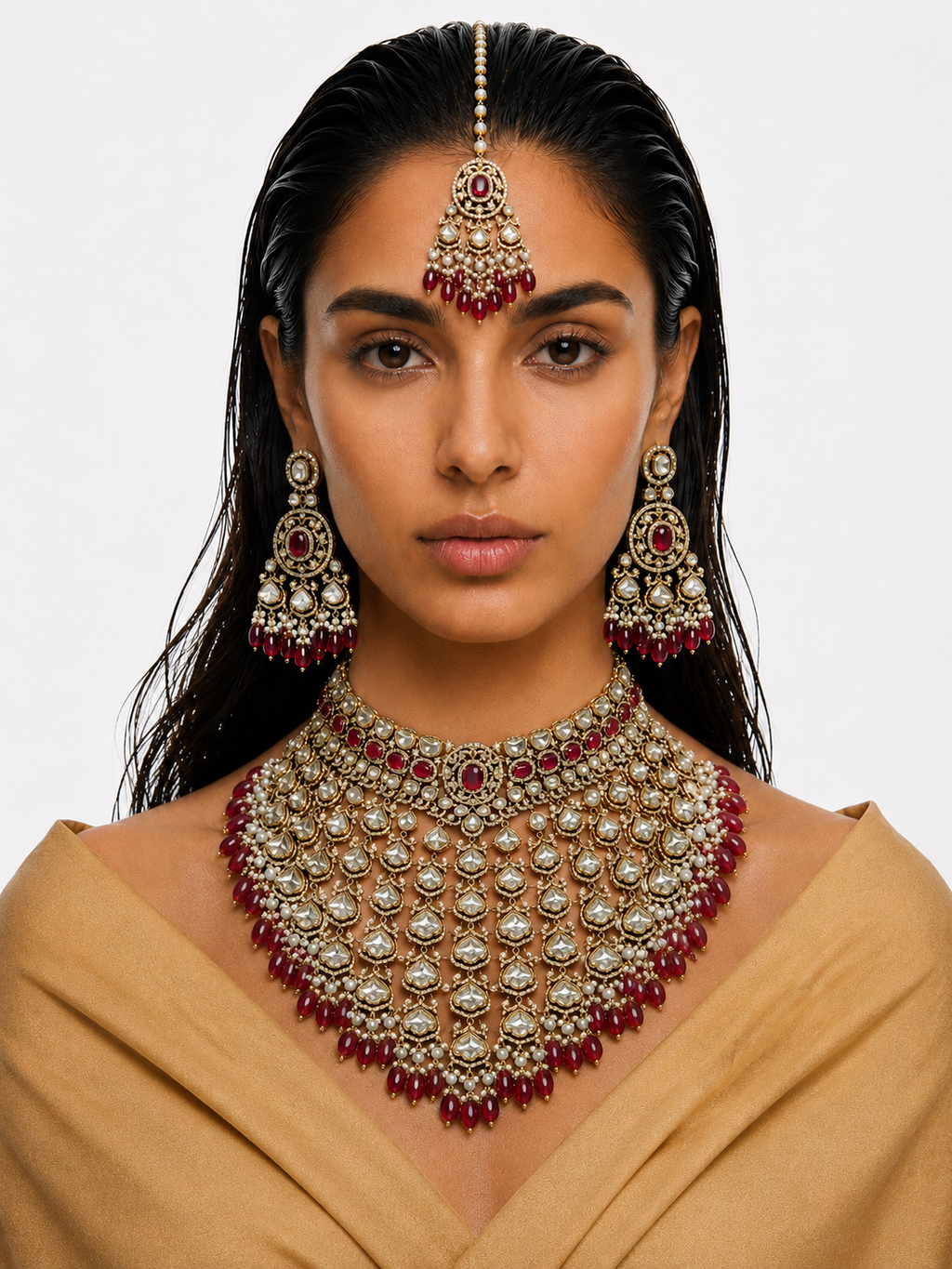Zema Ruby Pearls & Moissanite Polki Kundan with Zircon Diamond Detailing Statement Choker Necklace Set – Necklace & Earrings & Maang Tikka