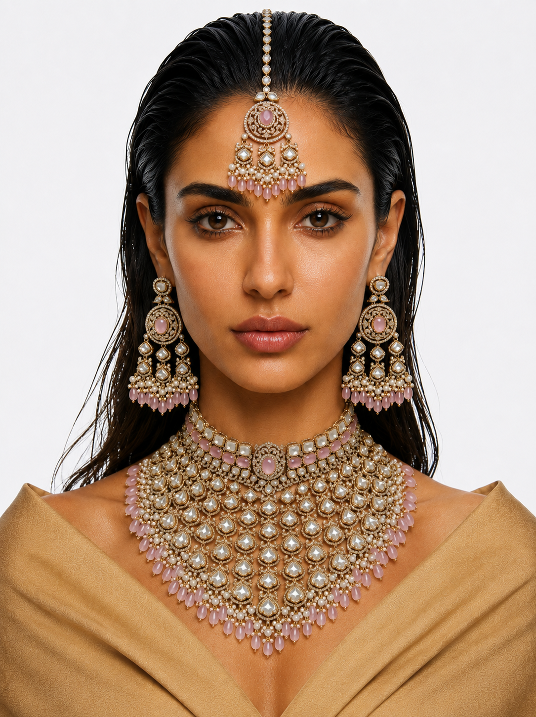 Zema Pink Pearls & Moissanite Polki Kundan with Zircon Diamond Detailing Statement Choker Necklace Set – Necklace, Earrings & Maang Tikka