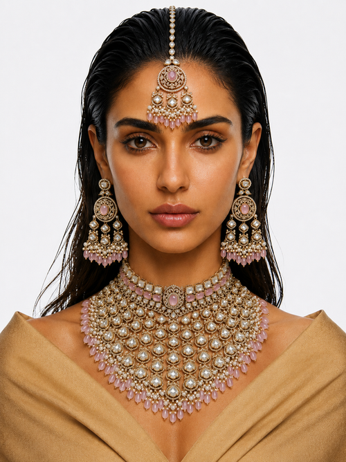 Zema Pink Pearls & Moissanite Polki Kundan with Zircon Diamond Detailing Statement Choker Necklace Set – Necklace, Earrings & Maang Tikka