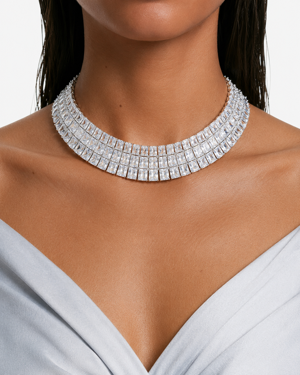 Maharani Lunara Diamond-Like Zircon Tennis Drop Necklace Set & Arya Diamond-Like Zircon Choker Necklace – Silver-Tone (2 Necklaces & 2 Earrings)