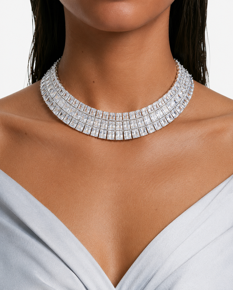 Maharani Lunara Diamond-Like Zircon Tennis Drop Necklace Set & Arya Diamond-Like Zircon Choker Necklace – Silver-Tone (2 Necklaces & 2 Earrings)