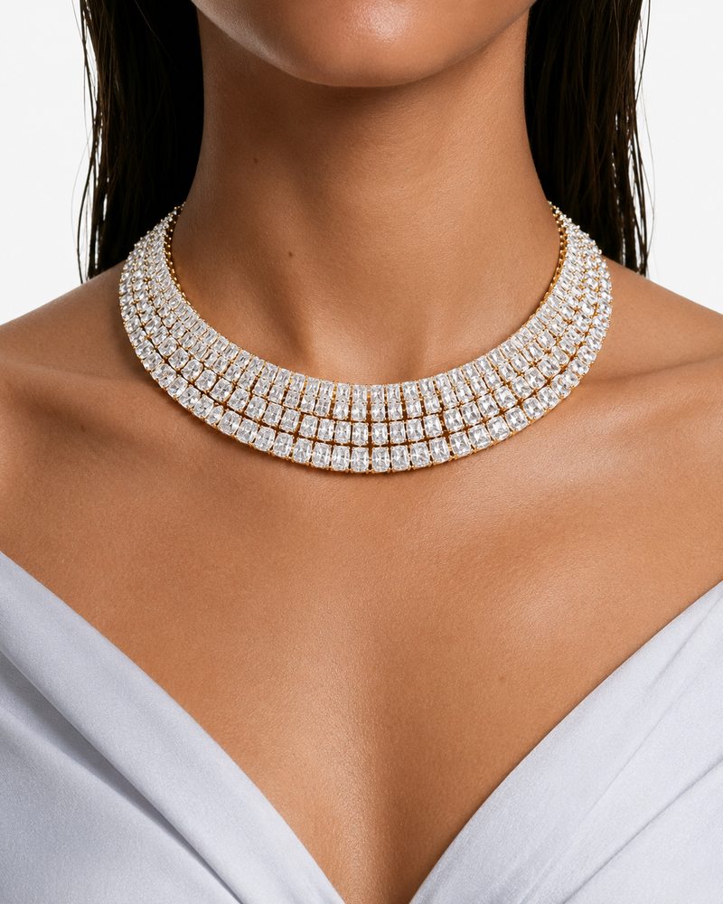 Maharani Leena Diamond Teardrop Diamond-Like Zircon Pendant Necklace Set & Arya Diamond-Like Zircon Choker Necklace – Gold-Tone (2 Necklaces & 2 Earrings)
