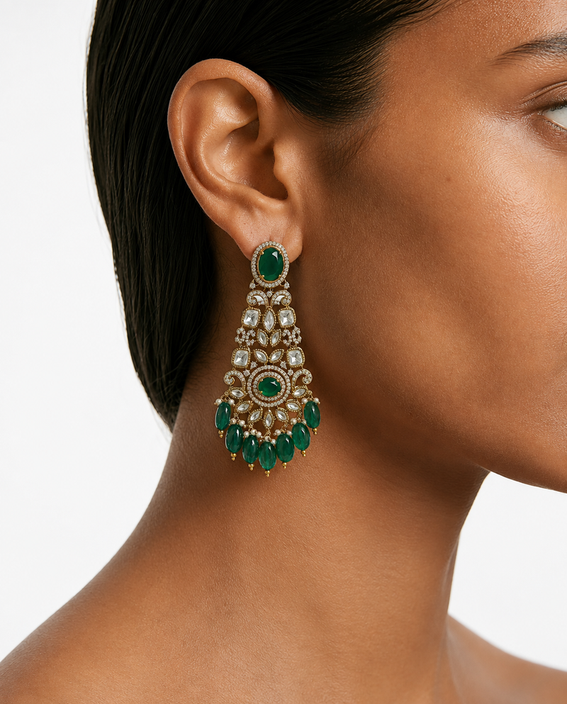 Riyana Emerald Moissanite Polki Kundan 3 Layered Necklace Set – Necklace & Earrings & Maang Tikka