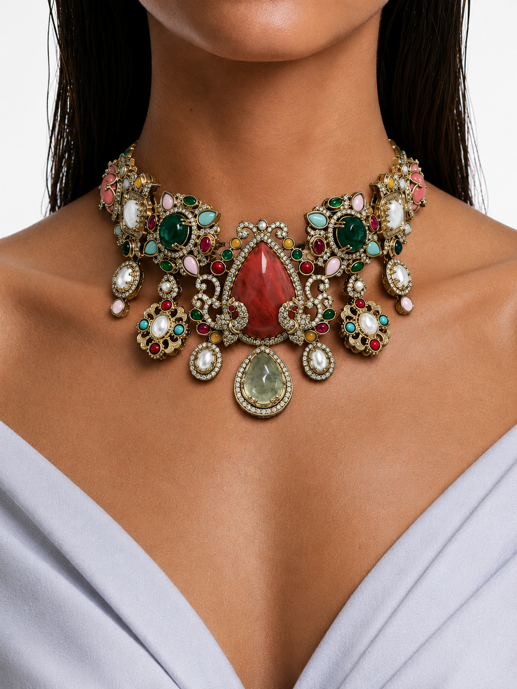 Mohim Coral Semi Precious Moissanite Kundan Polki Multicolour Statement Royale Necklace Set (Necklace & Earrings)