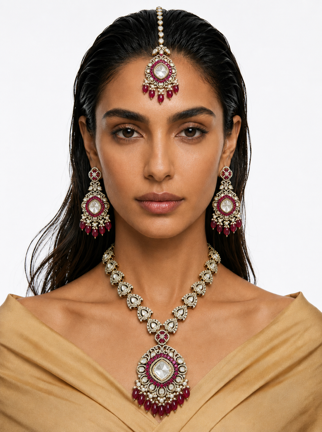 Niko Ruby Moissanite Polki Kundan Necklace Set (Necklace, Earrings & Maang Tikka)