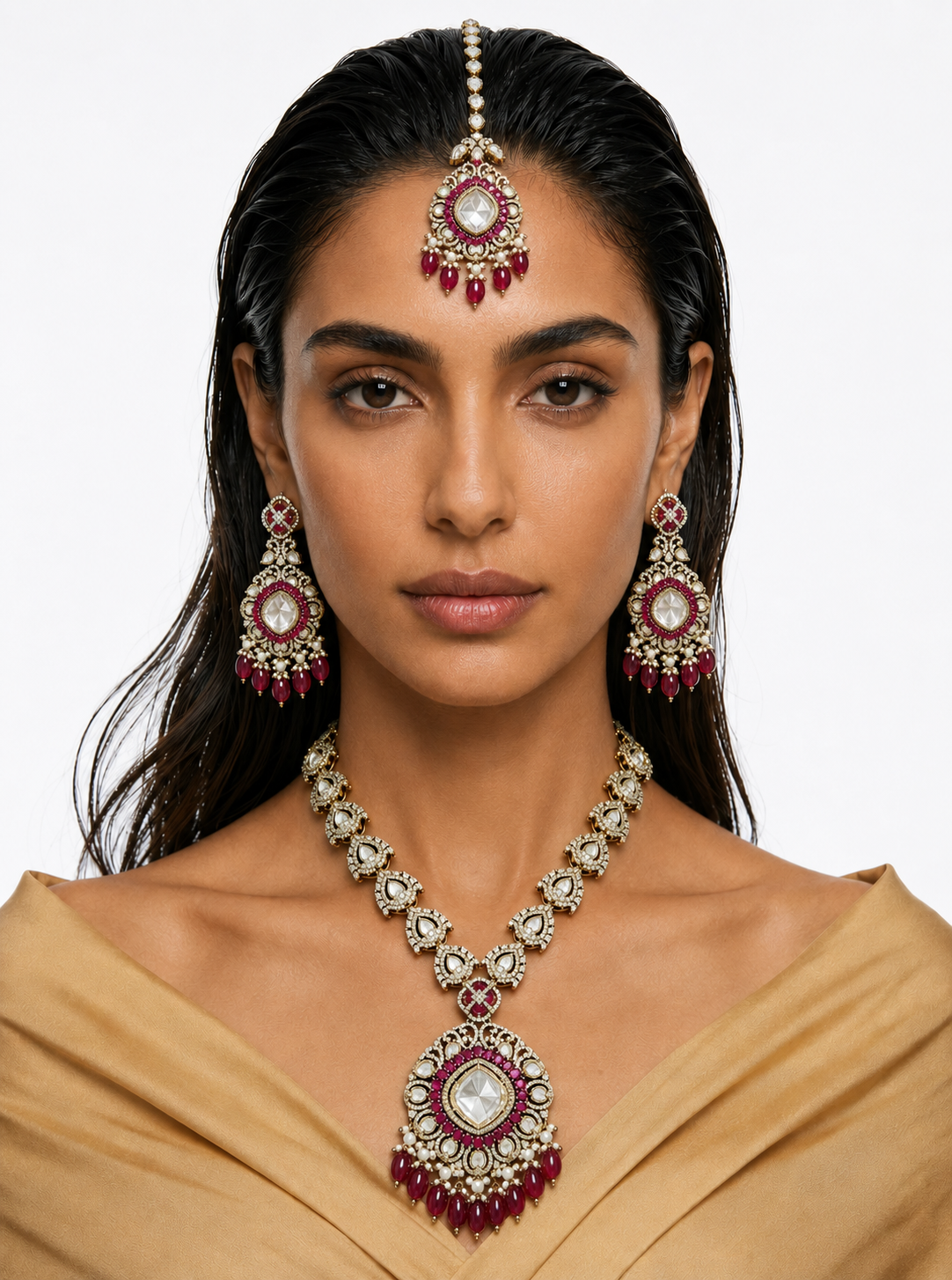 Niko Ruby Moissanite Polki Kundan Necklace Set (Necklace, Earrings & Maang Tikka)