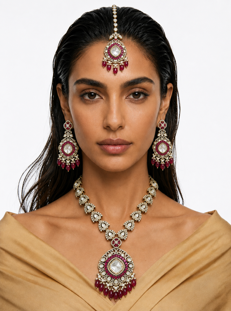 Niko Ruby Moissanite Polki Kundan Necklace Set (Necklace, Earrings & Maang Tikka)