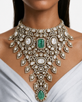 Nina Mint Moissanite Polki Kundan Leaf Statement Necklace Set (Necklace, Earrings & Maang Tikka)