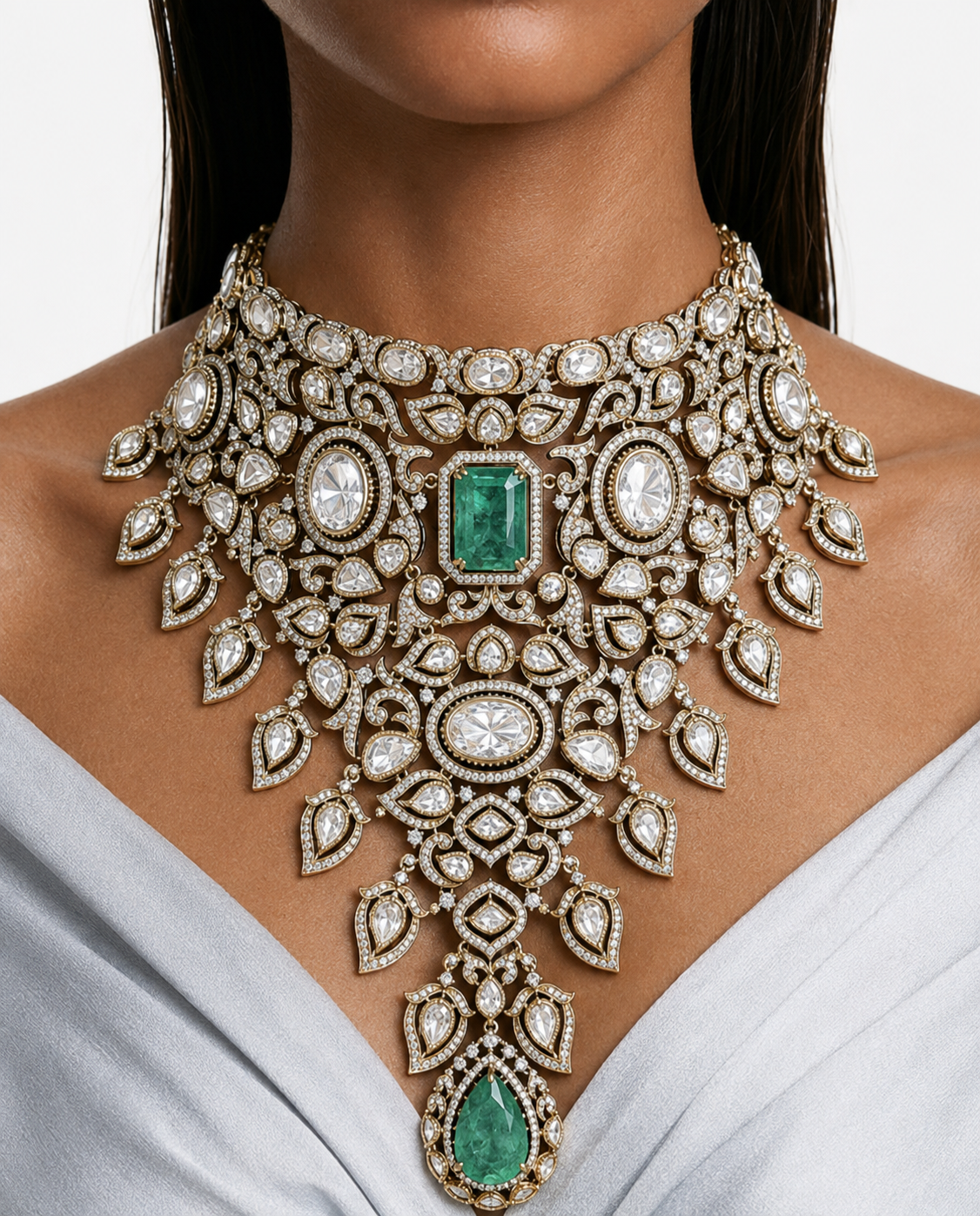 Nina Mint Moissanite Polki Kundan Leaf Statement Necklace Set (Necklace, Earrings & Maang Tikka)