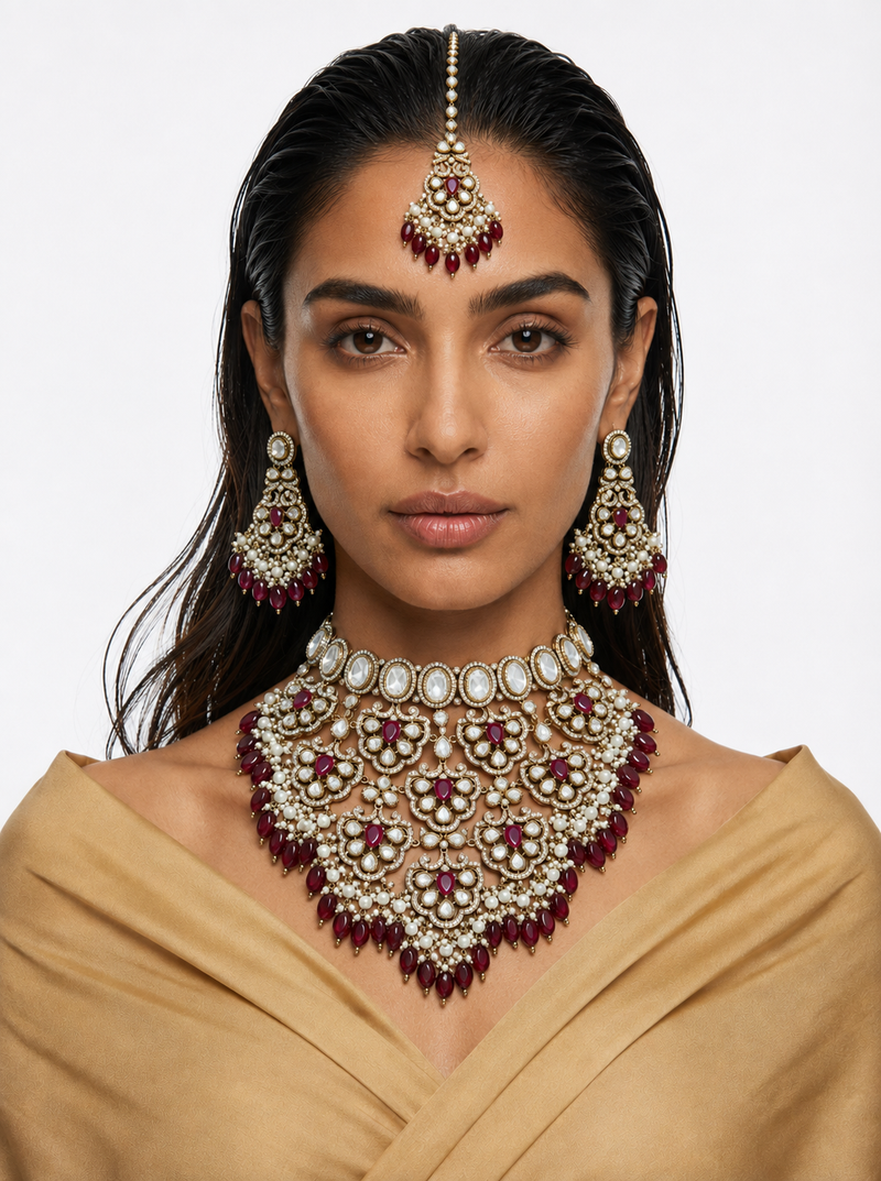 Aaina Ruby Moissanite Polki Kundan Necklace Set (Necklace, Earrings & Maang Tikka)