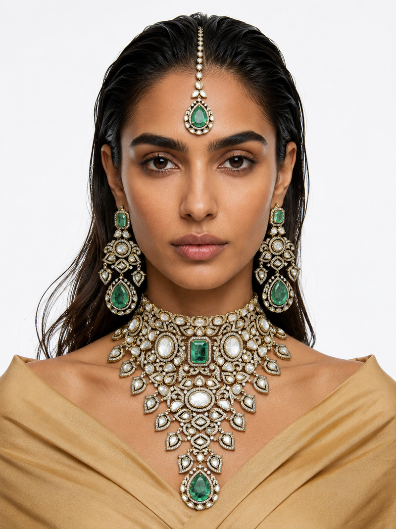 Nina Mint Moissanite Polki Kundan Leaf Statement Necklace Set (Necklace, Earrings & Maang Tikka)