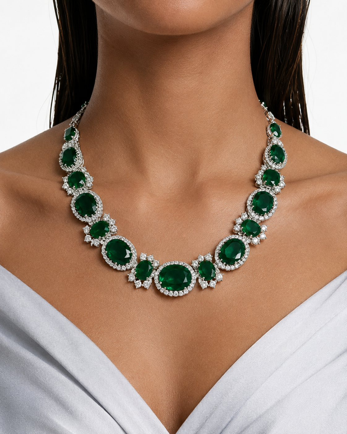 Maharani Veyla Emerald Square & Heart Diamond-Like Zircon Statement Necklace Set & Emerald Oval Floral Diamond-Like Zircon Statement Necklace Set (2 Necklaces & 2 Earrings)