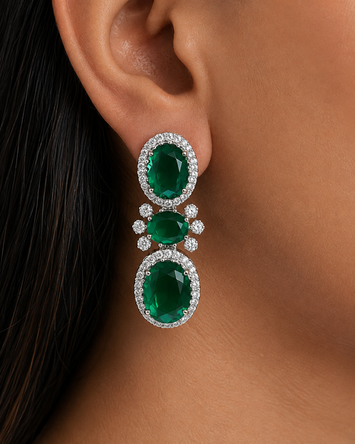 Emerald Oval Floral Statement Necklace Set – emerald doublet and 5A CZ, rhodium plated | PRERTO