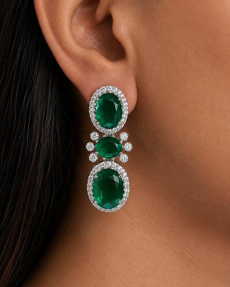 Maharani Veyla Emerald Square & Heart Diamond-Like Zircon Statement Necklace Set & Emerald Oval Floral Diamond-Like Zircon Statement Necklace Set (2 Necklaces & 2 Earrings)