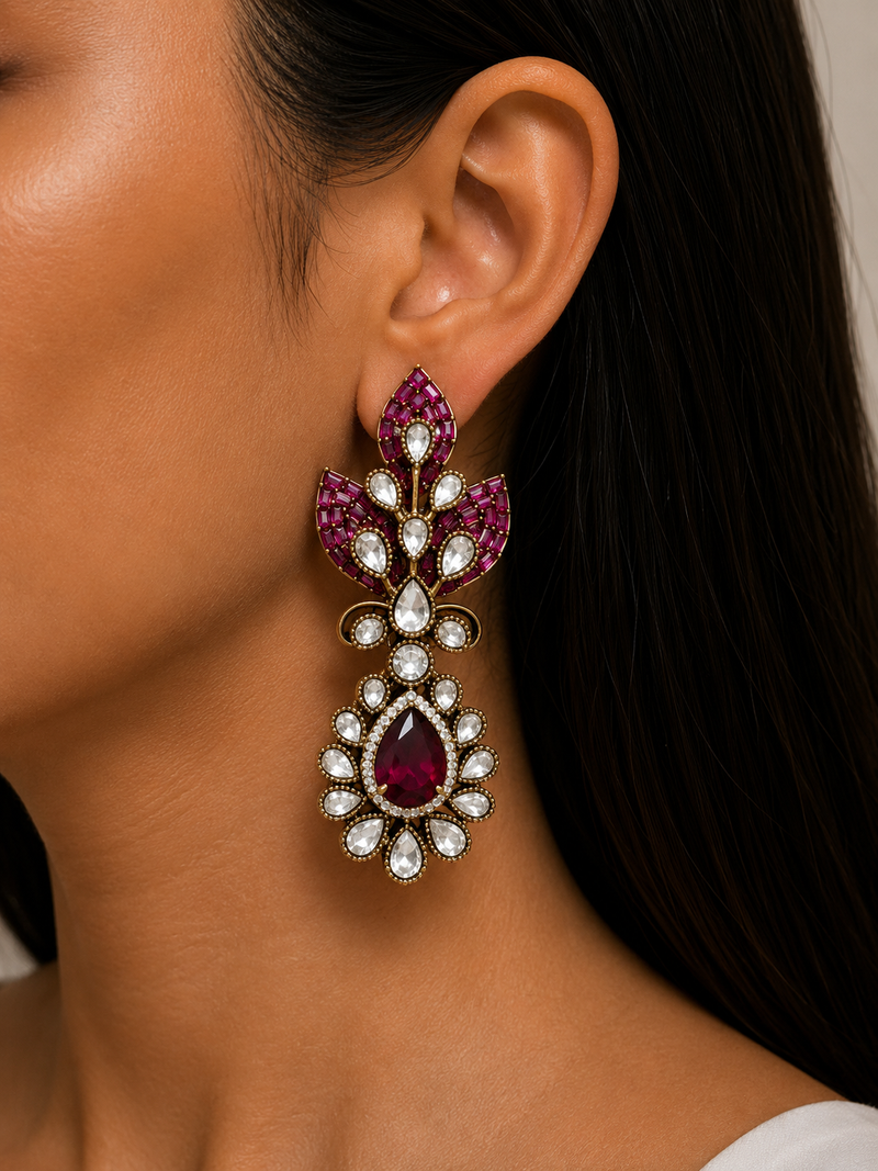 Avelisse Ruby Diamond-Like Zircon Leaf Statement Necklace Set – Necklace, Earrings & Maang Tikka