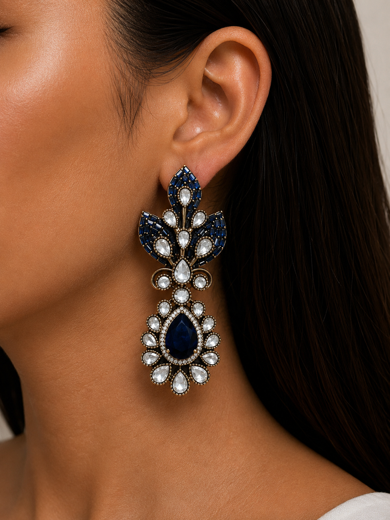 Avelisse Sapphire Diamond-Like Zircon Leaf Statement Necklace Set – Necklace, Earrings & Maang Tikka