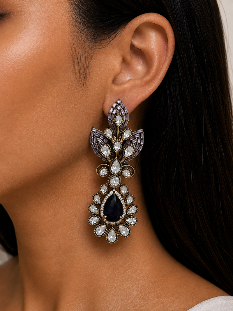 Avelisse Purple Diamond-Like Zircon Leaf Statement Necklace Set – Necklace, Earrings & Maang Tikka