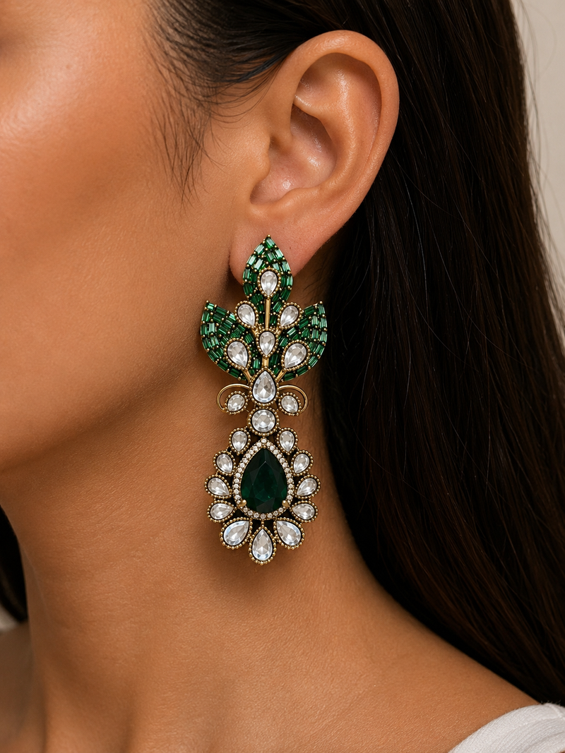 Avelisse Emerald Diamond-Like Zircon Leaf Statement Necklace Set – Necklace, Earrings & Maang Tikka