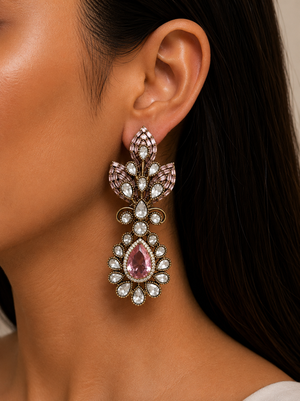 Avelisse Pink Diamond-Like Zircon Leaf Statement Necklace Set – Necklace, Earrings & Maang Tikka