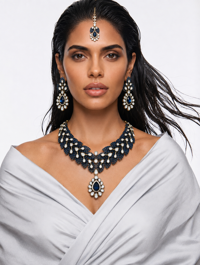 Avelisse Sapphire Diamond-Like Zircon Leaf Statement Necklace Set – Necklace, Earrings & Maang Tikka