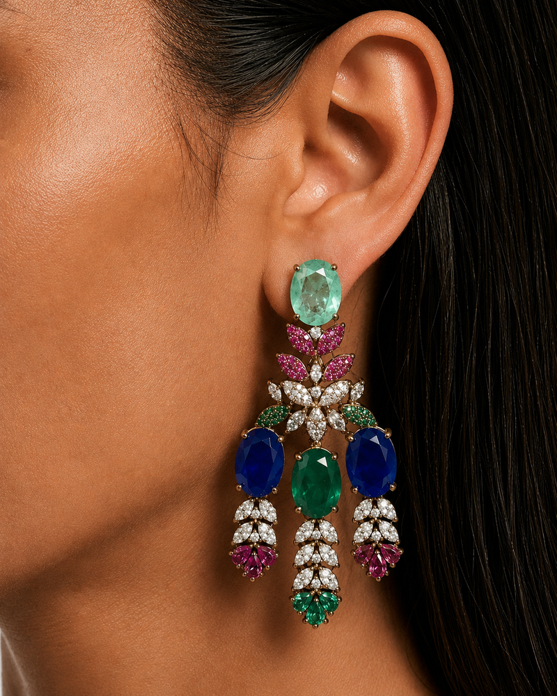 Zella Multicolour Diamond-Like Zircon Layered Leaf Statement Necklace Set – Necklace & Earrings