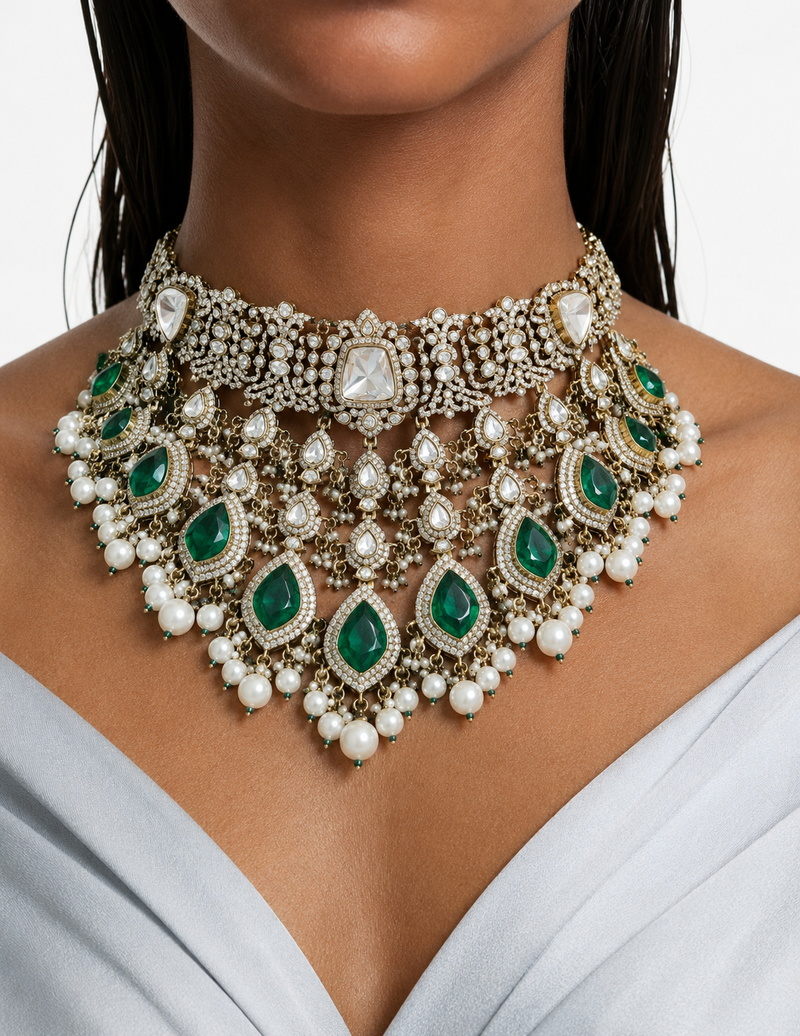 Mahi Emerald Pearls & Moissanite Polki Kundan with Zircon Diamond Detailing Necklace Set – Necklace, Earrings & Maang Tikka