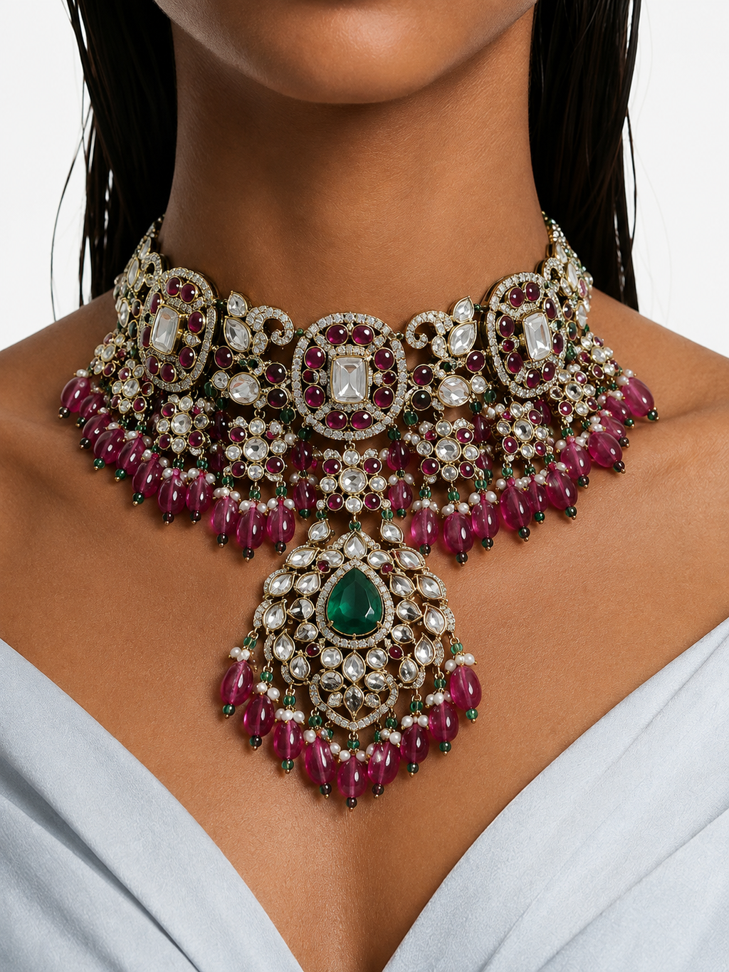 Ishira Emerald & Ruby Pearls & Moissanite Polki Kundan with Zircon Diamond Detailing Necklace Set – Necklace, Earrings & Maang Tikka