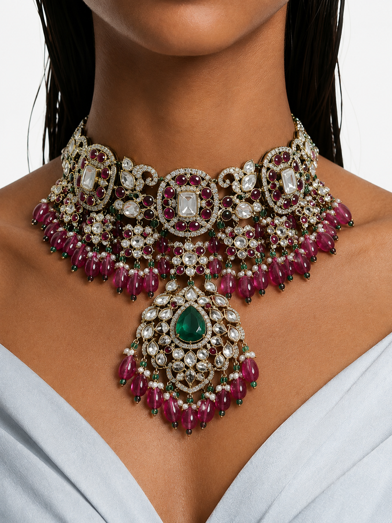 Ishira Emerald & Ruby Pearls & Moissanite Polki Kundan with Zircon Diamond Detailing Necklace Set – Necklace, Earrings & Maang Tikka
