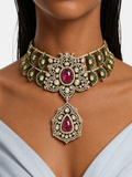 Raisa Ruby & Emerald Pearls & Moissanite Polki Kundan with Zircon Diamond Detailing Necklace Set – Necklace & Earrings