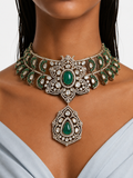 Raisa Emerald Pearls & Moissanite Polki Kundan with Zircon Diamond Detailing Necklace Set – Necklace & Earrings