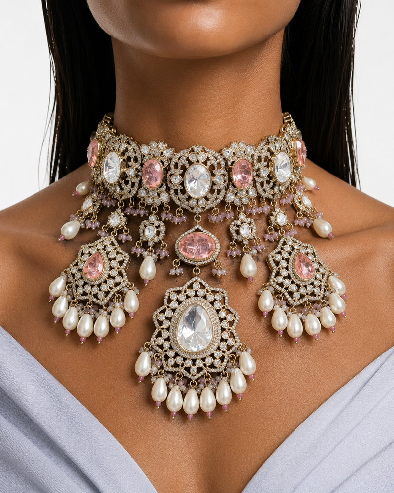 Vaani Peach Pearls & Moissanite Polki Kundan with Zircon Diamond Detailing Necklace Set – Necklace, Earrings & Maang Tikka