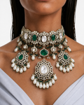 Vaani Emerald Pearls & Moissanite Polki Kundan with Zircon Diamond Detailing Necklace Set – Necklace, Earrings & Maang Tikka