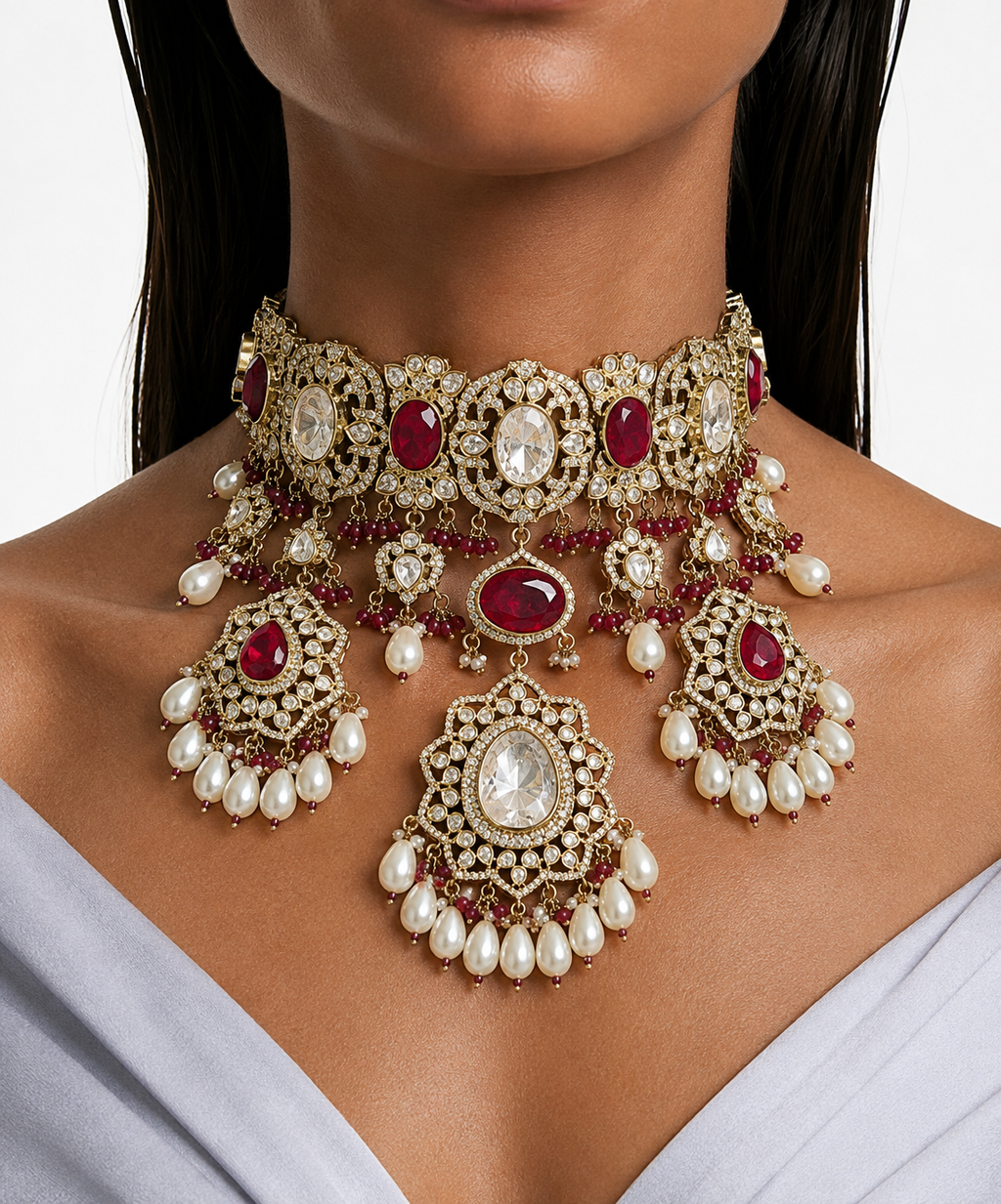 Vaani Ruby Pearls & Moissanite Polki Kundan with Zircon Diamond Detailing Necklace Set – Necklace, Earrings & Maang Tikka
