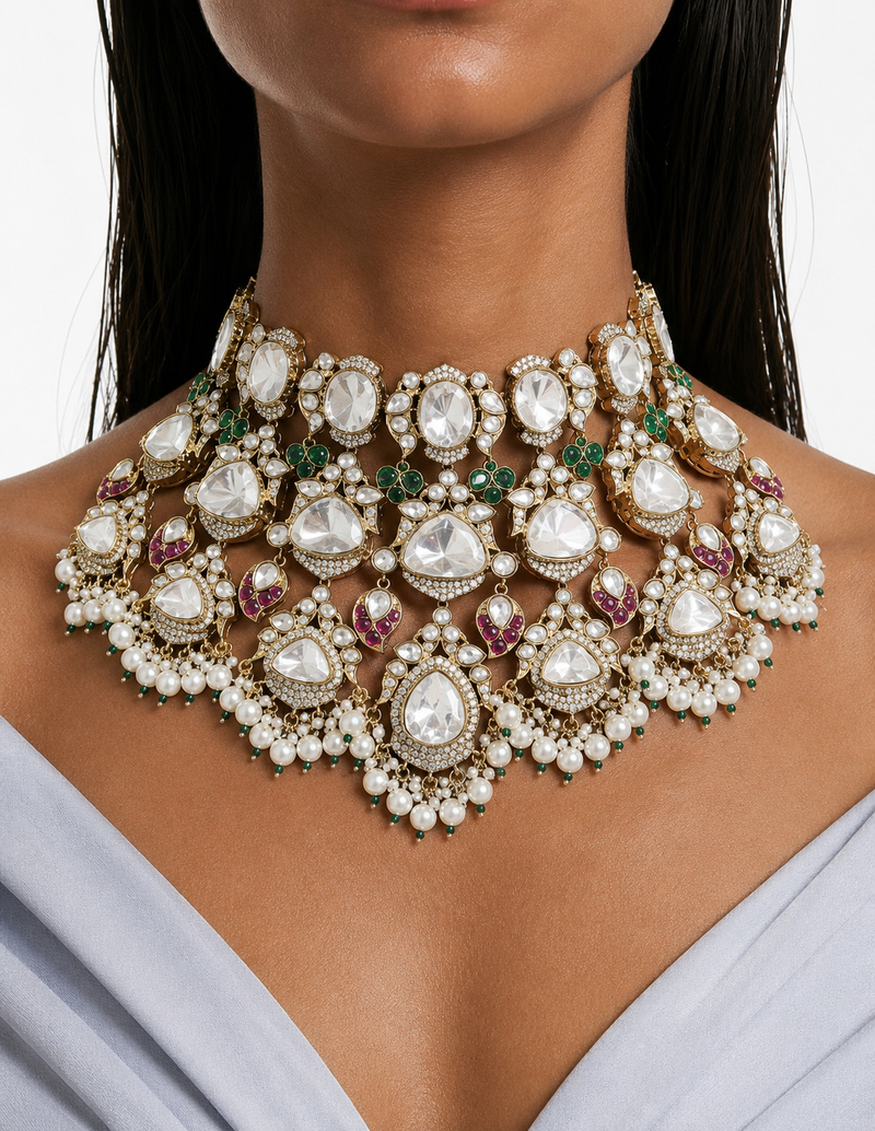 Aabha Pearls & Moissanite Polki Kundan with Zircon Diamond Detailing Necklace Set – Necklace & Earrings