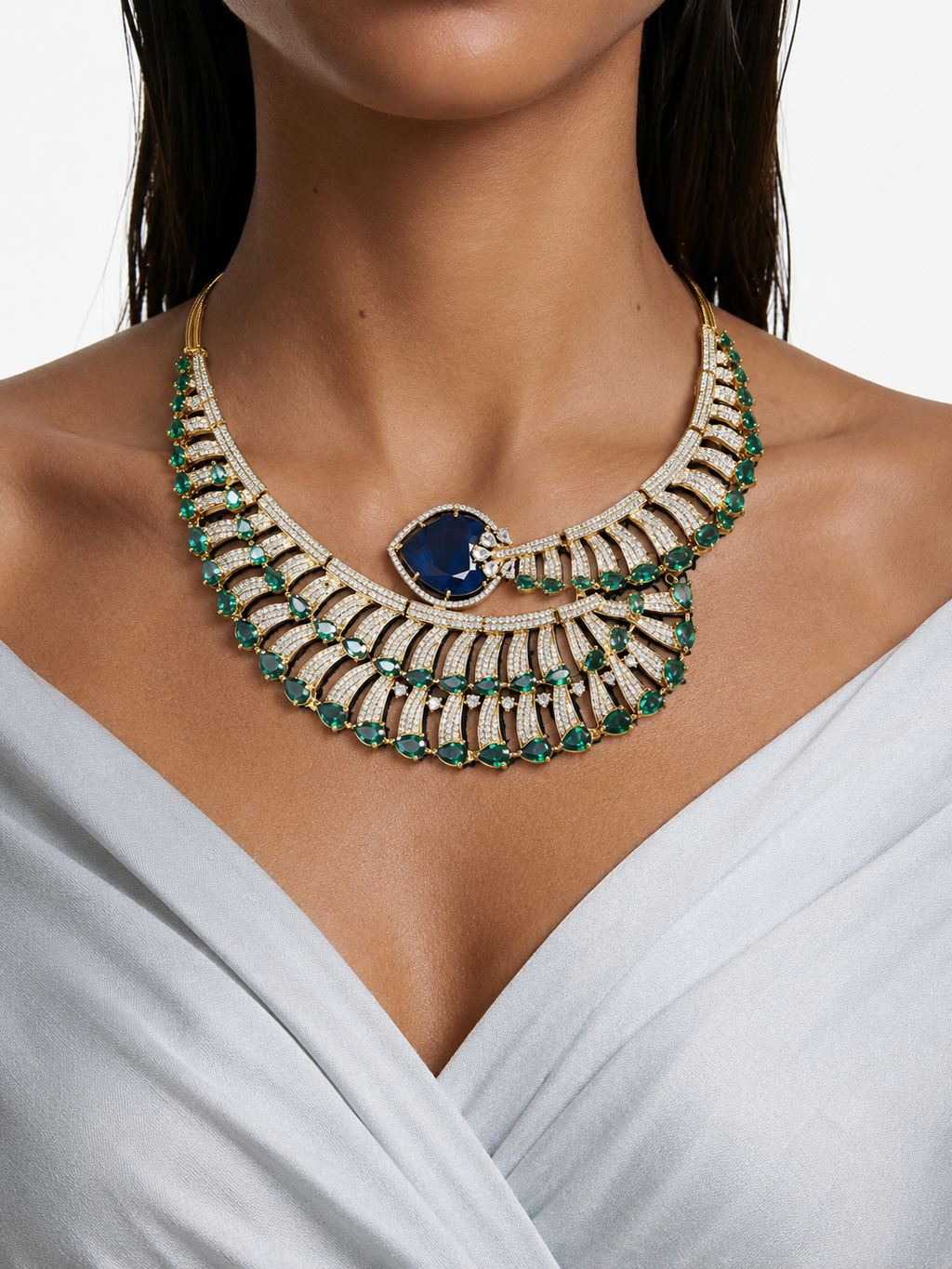 Tiya Sapphire & Emerald with Zircon Diamond Detailing Necklace set (Necklace & Earrings )