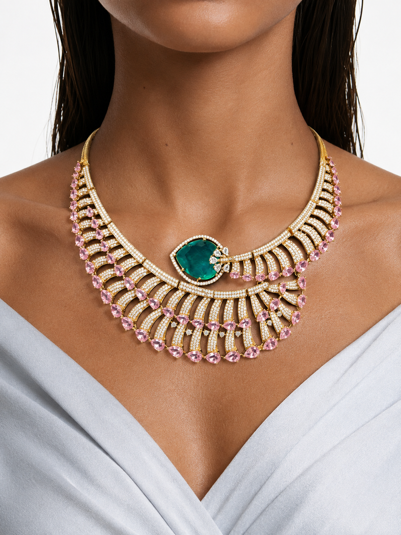Tiya Pink & Emerald with Zircon Diamond Detailing Necklace set (Necklace & Earrings )