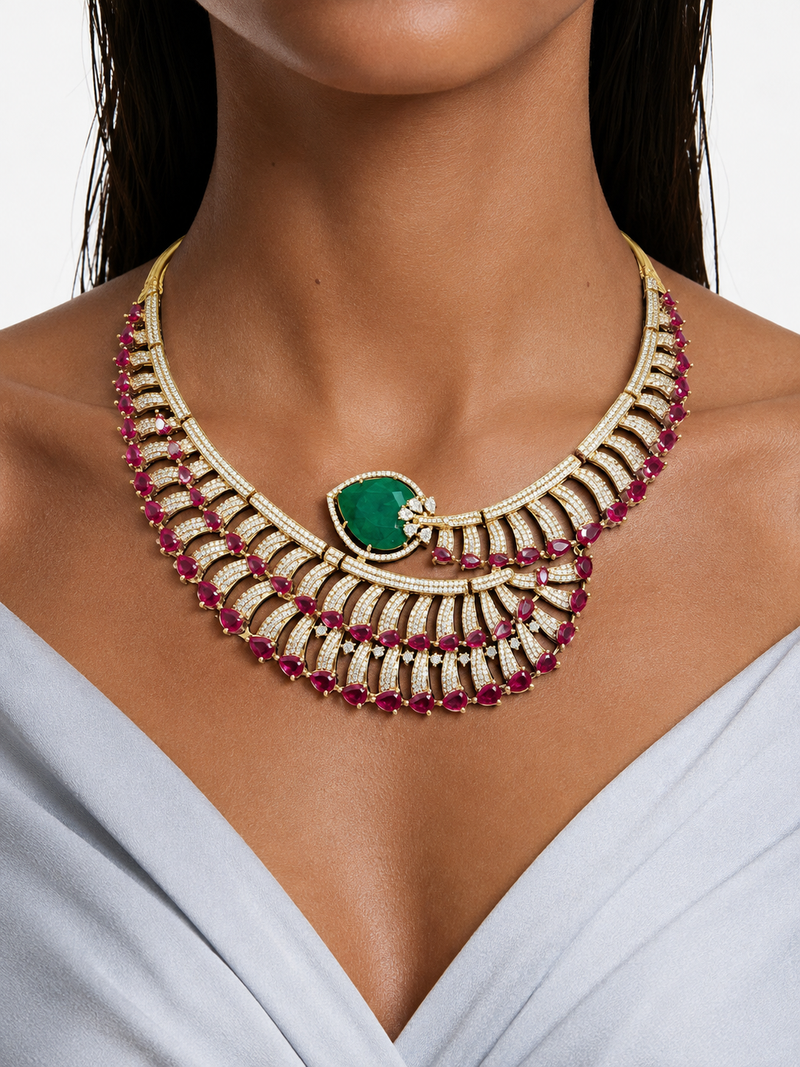 Tiya Ruby & Emerald with Zircon Diamond Detailing Necklace set (Necklace & Earrings )