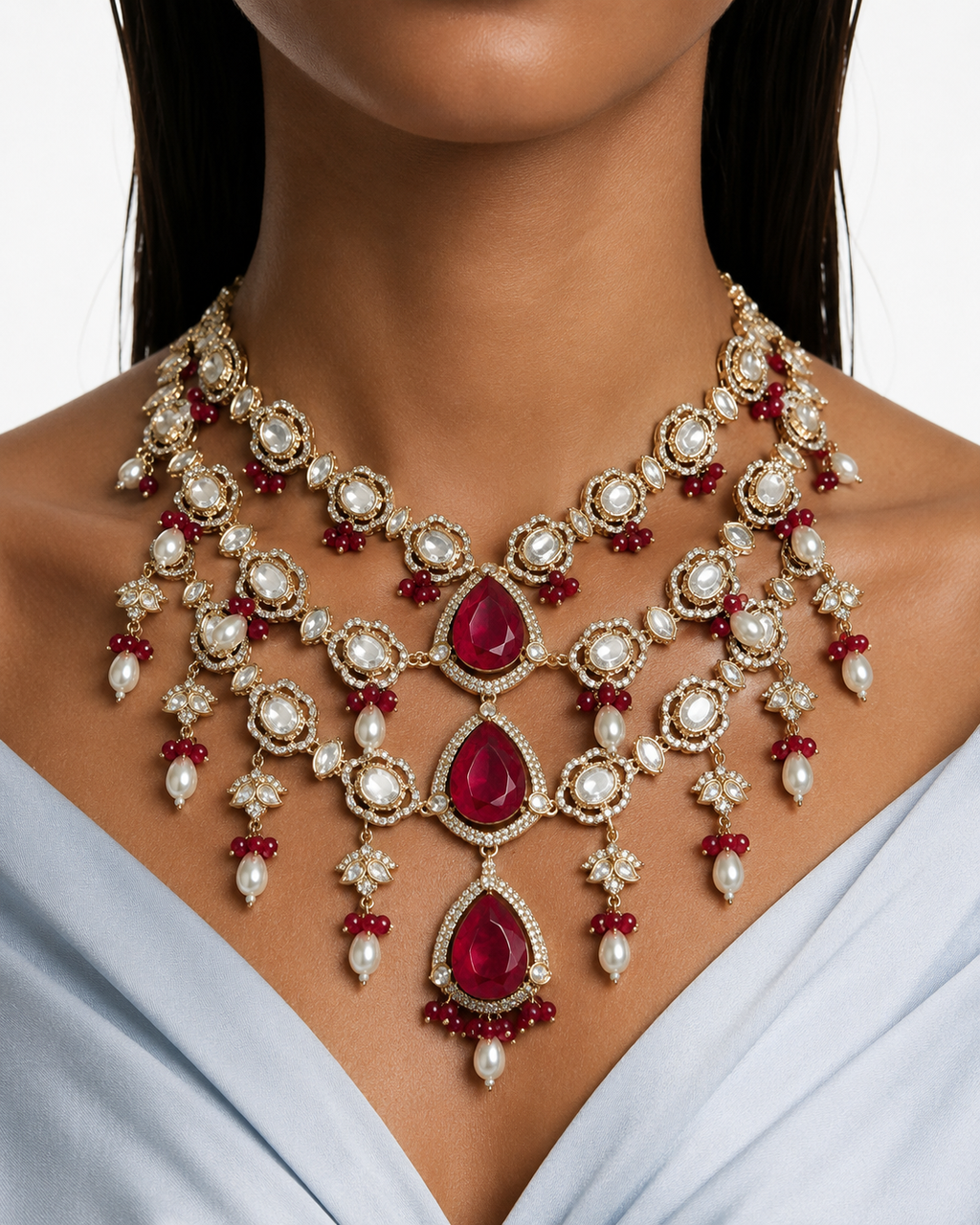 Suhira Ruby Moissanite Polki Kundan with Zircon Diamond Detailing 3 Layer Necklace Set – Necklace, Earrings & Maang Tikka