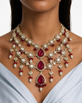 Suhira Ruby Moissanite Polki Kundan with Zircon Diamond Detailing 3 Layer Necklace Set – Necklace, Earrings & Maang Tikka