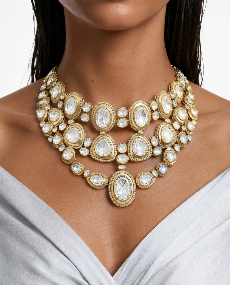 Ruhi Diamond & Gold-Tone Pearls & Moissanite Polki Kundan with Zircon Diamond Detailing Necklace Set – Necklace & Earrings