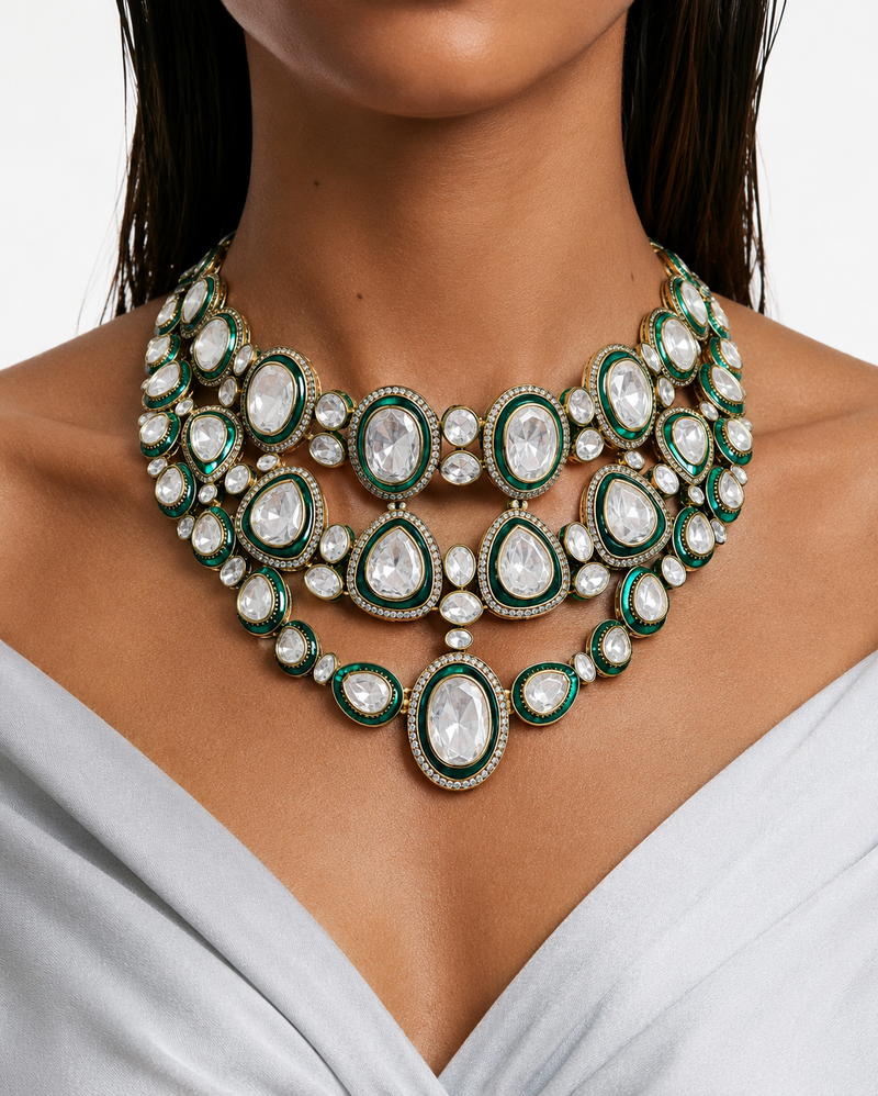 Ruhi Emerald & Diamond Pearls & Moissanite Polki Kundan with Zircon Diamond Detailing Necklace Set – Necklace & Earrings