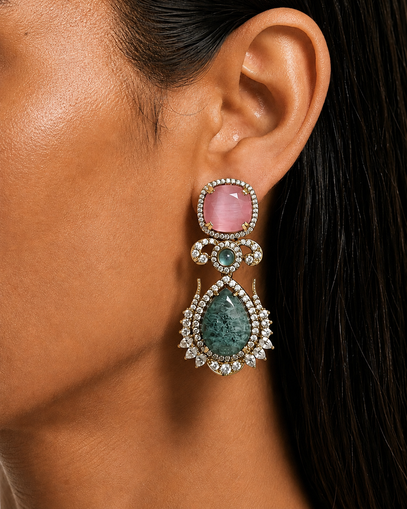 Misha Pink & Emerald Multicolour Moissanite Polki Kundan with Zircon Diamond Detailing Teardrop Statement Necklace Set – Necklace & Earrings
