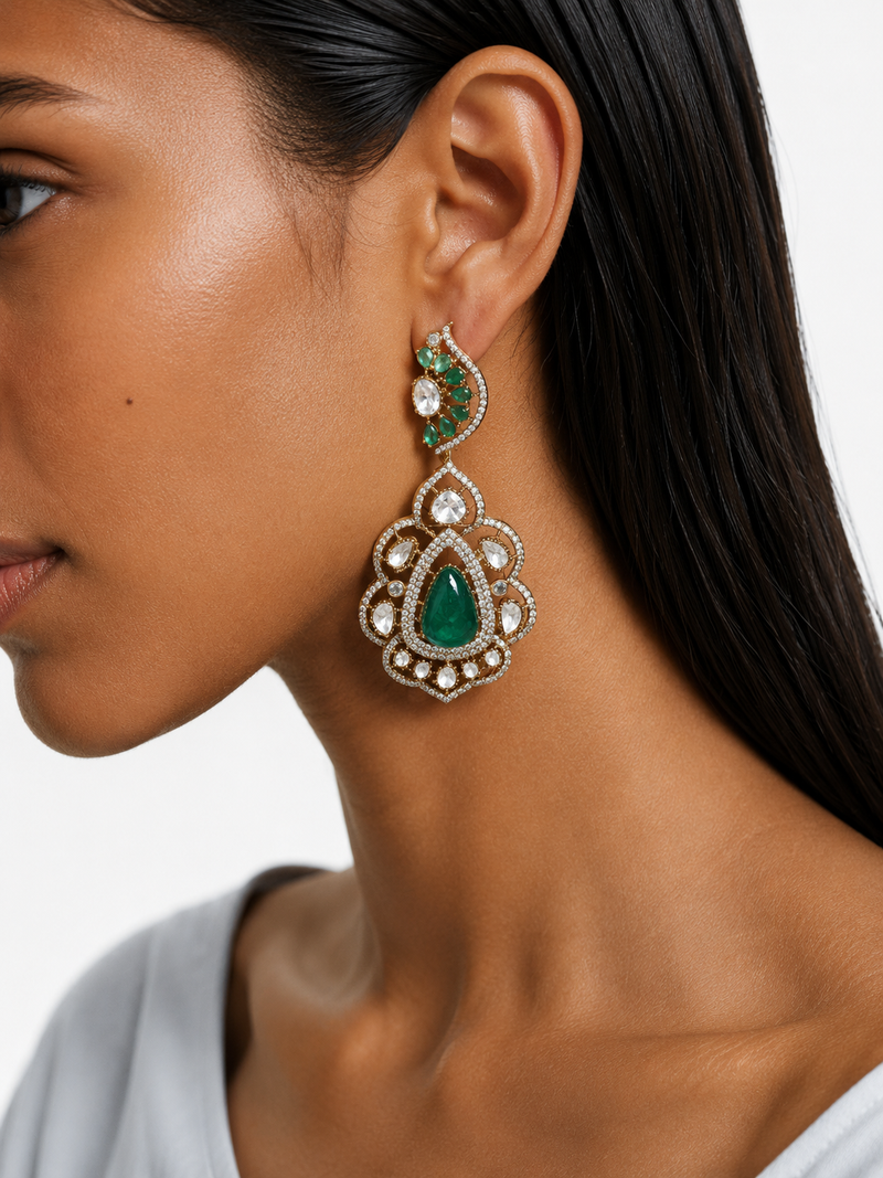 Raisa Emerald Pearls & Moissanite Polki Kundan with Zircon Diamond Detailing Necklace Set – Necklace & Earrings