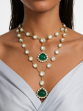 Seyra Emerald & Moissanite Polki Kundan with Zircon Diamond Detailing Necklace Set – Necklace & Earrings