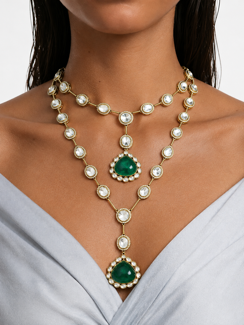Seyra Emerald & Moissanite Polki Kundan with Zircon Diamond Detailing Necklace Set – Necklace & Earrings