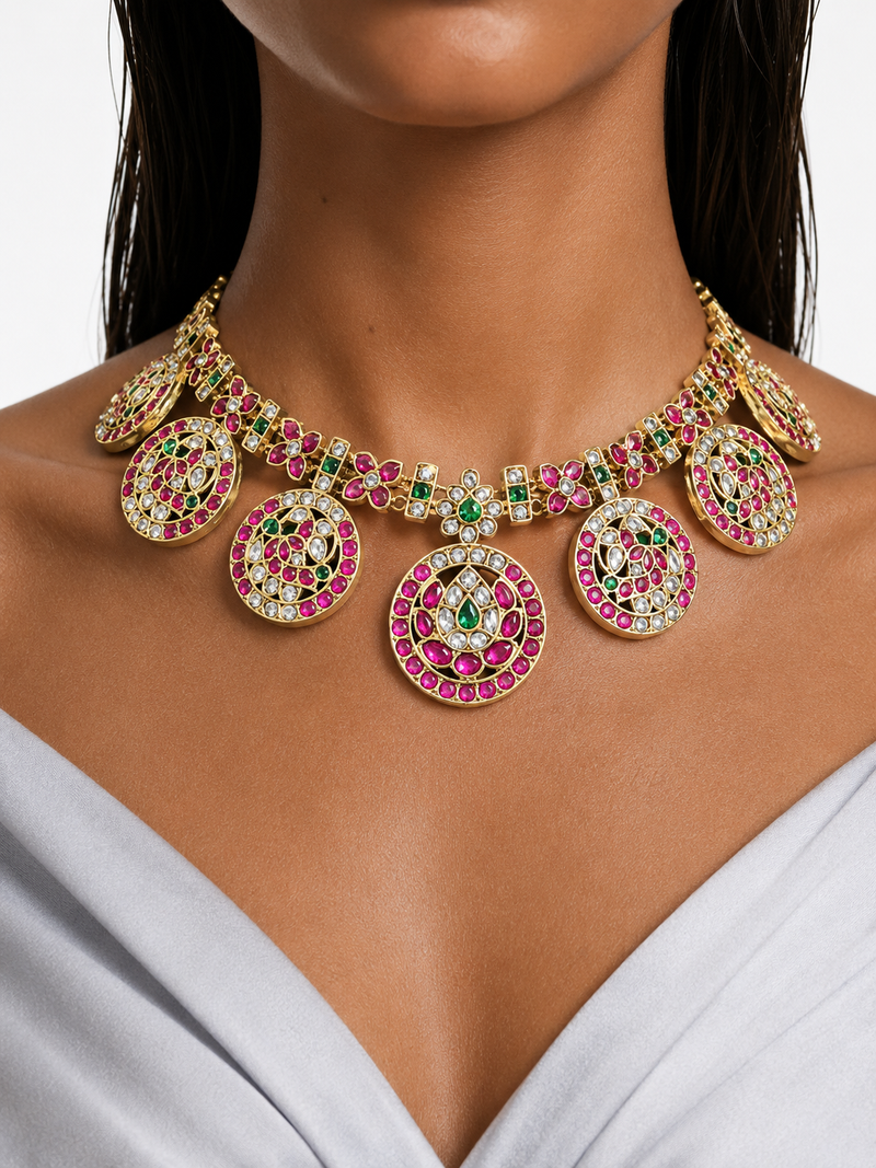 Rehya Ruby & Emerald Moissanite Polki Kundan with Zircon Diamond Detailing Necklace Set – Necklace & Earrings