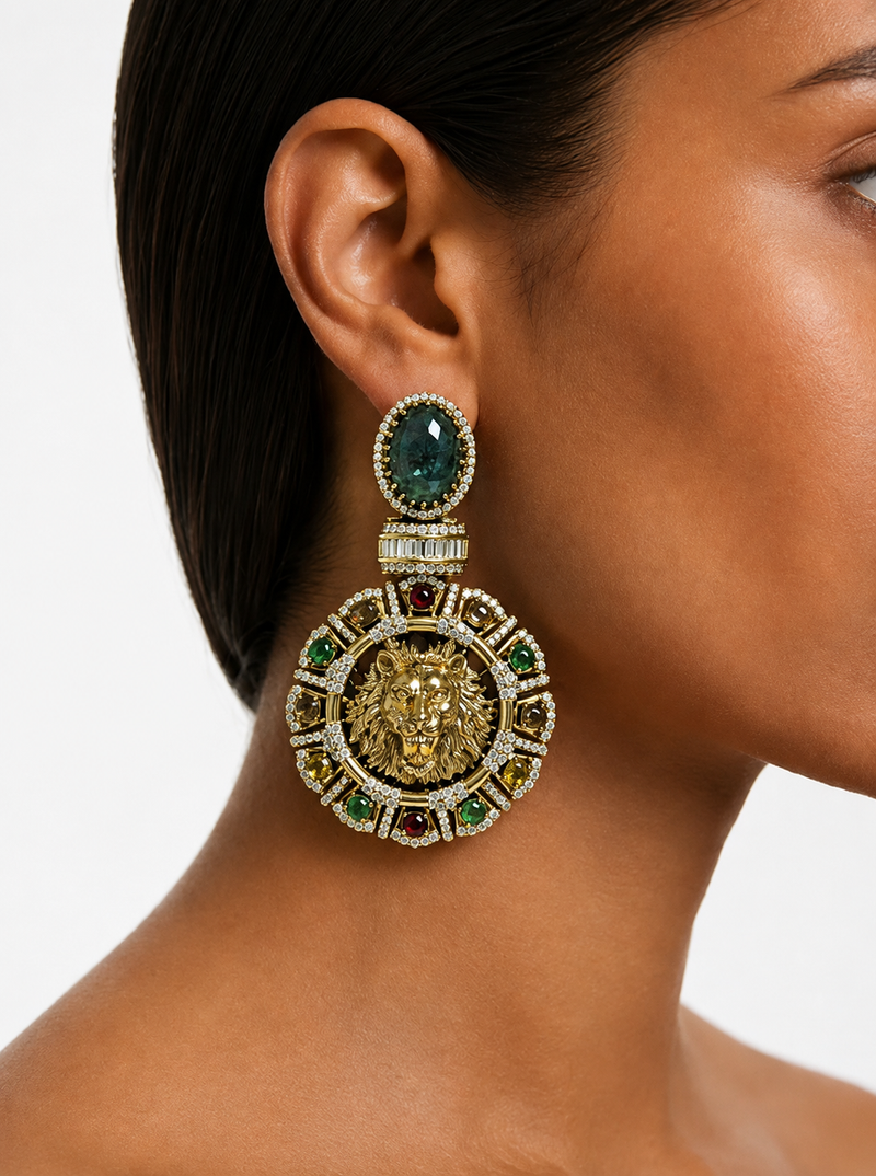 Saira Emerald Multicolour Lion Statement Earrings