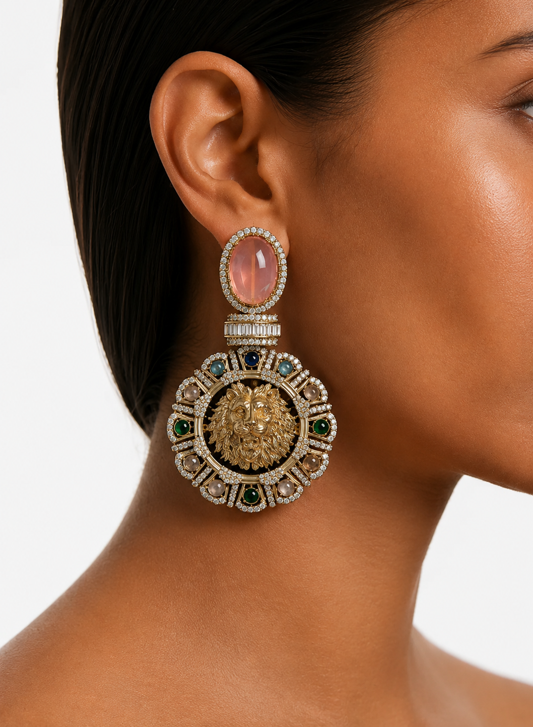 Saira Peach Multicolour Lion Statement Earrings