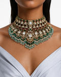 Elvi Mint, Emerald & Ruby Pearls & Moissanite Polki Kundan with Zircon Diamond Detailing Necklace Set – Necklace, Earrings & Maang Tikka