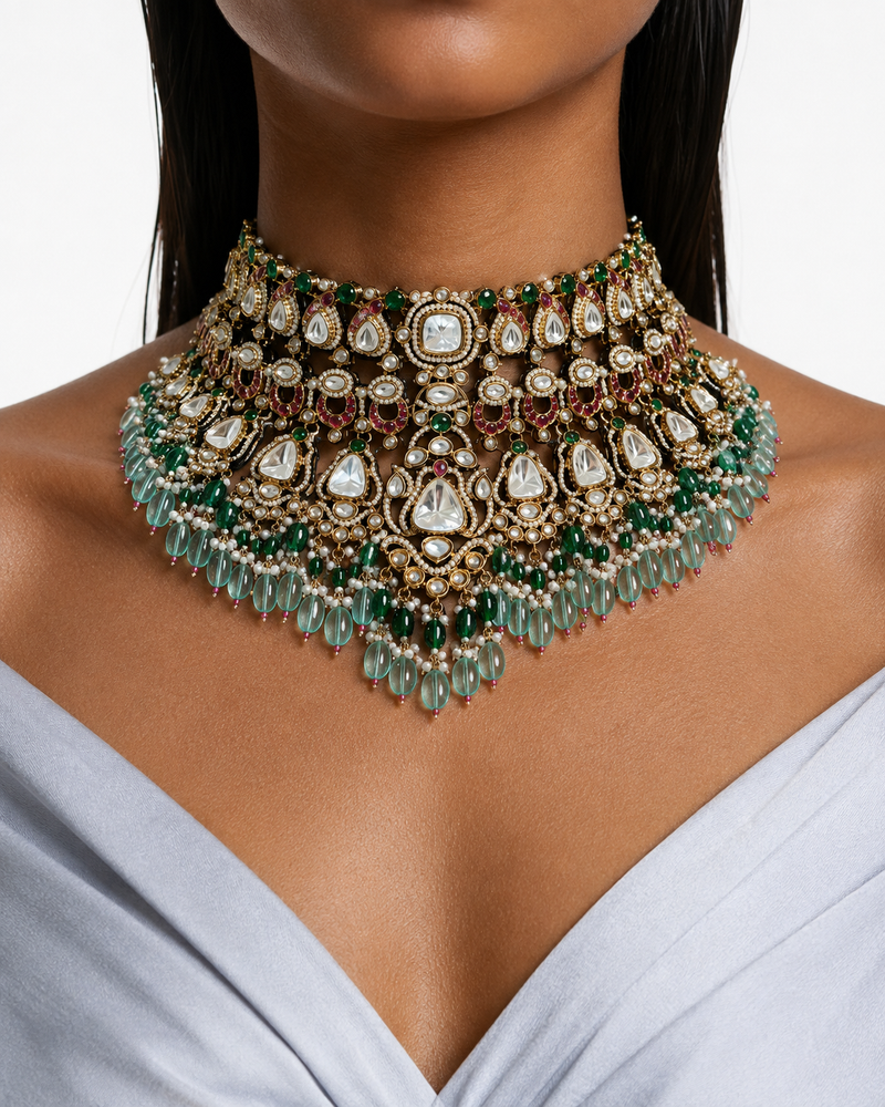 Elvi Mint, Emerald & Ruby Pearls & Moissanite Polki Kundan with Zircon Diamond Detailing Necklace Set – Necklace, Earrings & Maang Tikka